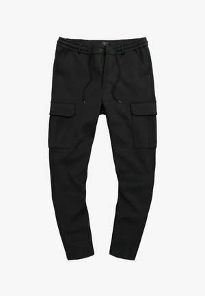 Schwarze Cargo-Hosen aus weichem Material mit einem elastischen Bund, Kordelzugverschluss und zwei großen Seitentaschen.