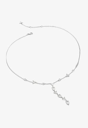 Silberne Halskette mit einer gedrehten Kette, die dreieckige und tropfenförmige Akzente aufweist, verziert mit klaren Steinen, die einen mehrschichtigen Effekt erzeugen.