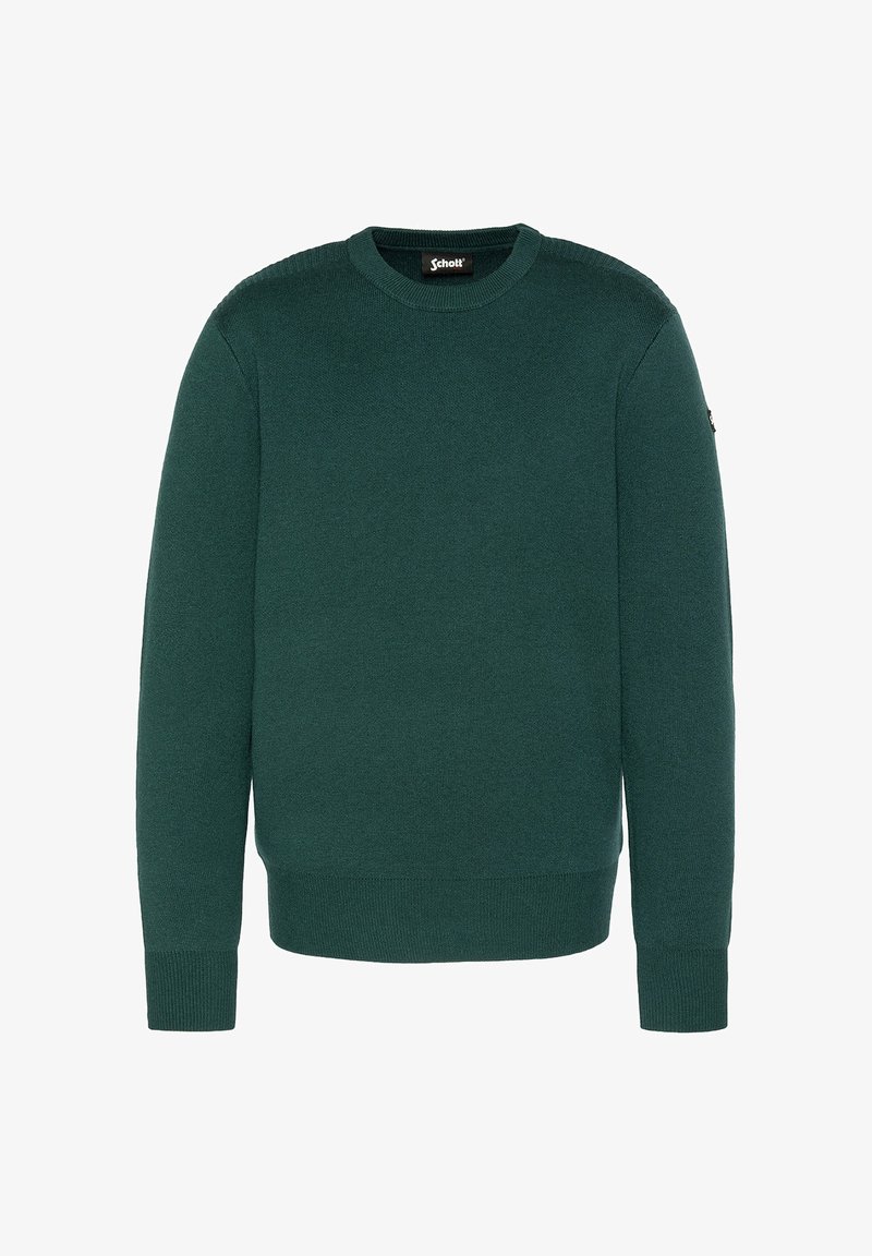 Grüner Rundhalsausschnitt-Pullover aus weichem Strickstoff, mit gerippten Bündchen und Saum, sowie einem kleinen Logo-Patch am linken Ärmel.