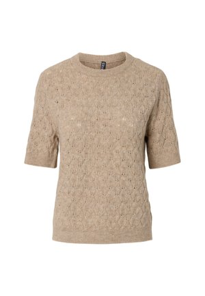 Beiger Kurzarm-Pullover mit strukturiertem, gemustertem Strickdesign und gerippten Bündchen und Saum.