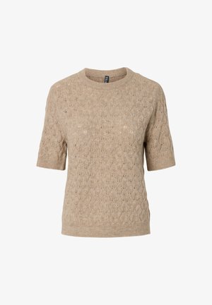 Beiger Kurzarm-Pullover mit strukturiertem, gemustertem Strickdesign und gerippten Bündchen und Saum.