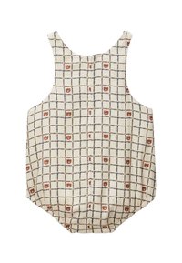 Salopette pour bébé couleur crème avec un motif en grille noir et de petits visages d'ours marron dans certaines cases, design sans manches.