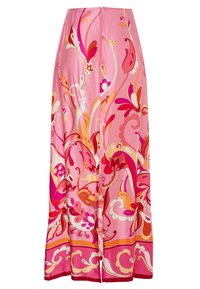 Bloemen maxi rok in lichtroze stof, met kleurrijke gedraaide patronen in oranje, rood en wit, voorzien van een ritssluiting in het midden aan de achterkant.