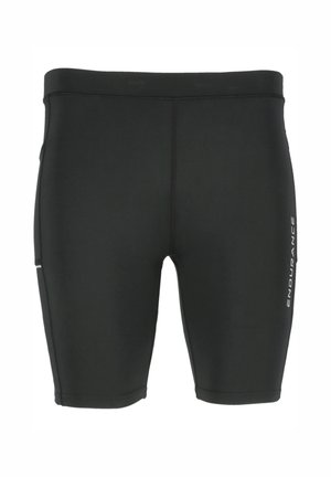Schwarze Badehose aus glattem, dehnbarem Material mit figurnaher Passform. Verfügt über eine Seitentasche und das Wort "ENDURANCE" in Weiß auf dem linken Bein.