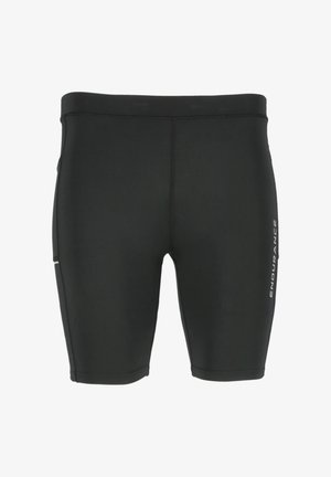 Schwarze Badehose aus glattem, dehnbarem Material mit figurnaher Passform. Verfügt über eine Seitentasche und das Wort "ENDURANCE" in Weiß auf dem linken Bein.