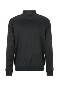 Zwarte lange mouw pullover met kraag, gemaakt van gladde stof; beschikt over een geribbelde zoom en manchetten, wat zorgt voor een eenvoudige, gestroomlijnde vormgeving.