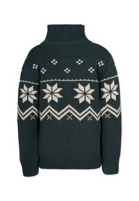 Mörkgrön stickad tröja med hög krage, som har ett vitt snöflingemönster, zickzackdetaljer och ribbade muddarna och nederkant.