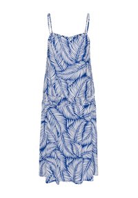 Robe bleue avec un motif de feuilles tropicales blanches, bretelles fines, taille froncée et un design fluide. Fabriquée en tissu léger.