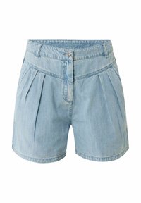 Světlé modré denimové šortky s vysokým pasem, předními sklady a kovovým zapínáním. Látka má hladkou, lehce vybledlou strukturu.