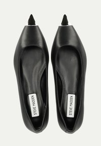 Ballerines en cuir noir avec un bout pointu et un accent métallique. Texture lisse avec un design minimaliste. Étiquette de la marque visible à l'intérieur de la chaussure.