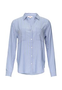 Chemise boutonnée à rayures bleues et blanches, à manches longues, avec deux poches poitrine, un col et un ourlet arrondi. Le tissu semble léger et lisse.