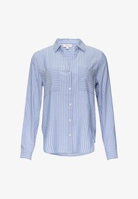 Camisa de botón a rayas azul y blanca con mangas largas, dos bolsillos en el pecho, cuello y dobladillo redondeado. La tela parece ligera y suave.