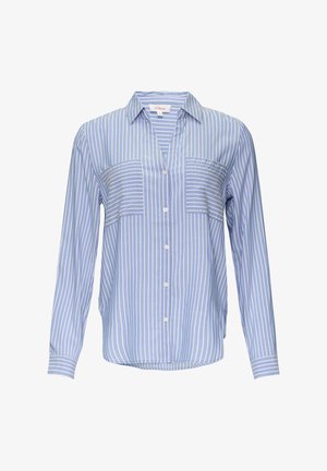 Mėlynos ir baltos dryžuotos marškiniai su ilgomis rankovėmis, dviem krūtinės kišenėmis, apykakle ir apvaliu sijonu. Audinys atrodo lengvas ir lygus.