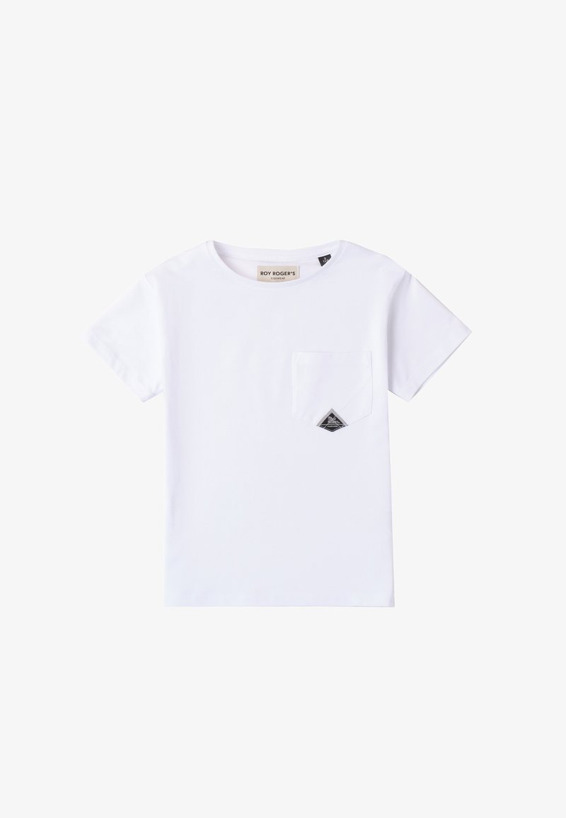 T-shirt bianco in cotone con scollatura rotonda, maniche corte e una piccola tasca sul petto con un'etichetta triangolare nera.