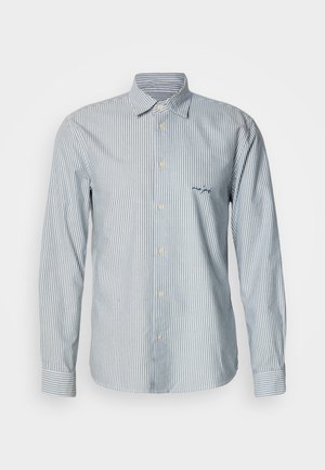 Cămașă cu mâneci lungi în dungi albastre și albe, din material de bumbac, prevăzută cu guler cu nasturi și un logo mic brodat pe partea stângă a pieptului.