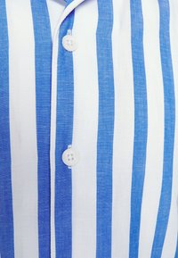Camicia a maniche lunghe con righe bianche e blu, realizzata in lino. Presenta un colletto classico e quattro bottoni su una patta. Tessuto testurizzato.