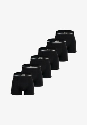 Sechs schwarze Herren-Boxershorts mit elastischen Bund, gebrandet mit weißem "ellesse" Schriftzug, angeordnet in einer abgestuften diagonalen Linie.
