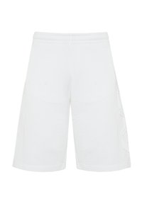 Pantaloni corta bianchi in cotone con una vestibilità rilassata, dotati di un elastico in vita e un sottile dettaglio di marca sul lato. Texture liscia, taglio a lunghezza ginocchio.