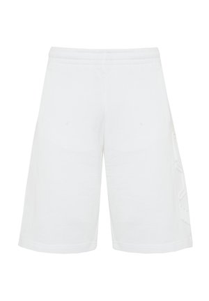 Pantaloni corta bianchi in cotone con una vestibilità rilassata, dotati di un elastico in vita e un sottile dettaglio di marca sul lato. Texture liscia, taglio a lunghezza ginocchio.