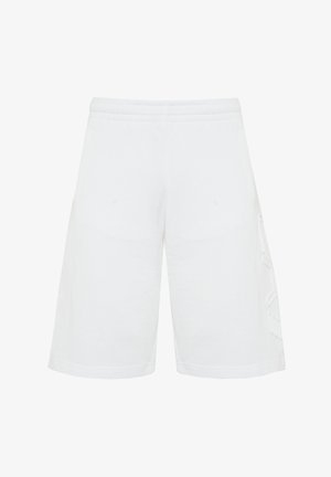 Pantaloni corta bianchi in cotone con una vestibilità rilassata, dotati di un elastico in vita e un sottile dettaglio di marca sul lato. Texture liscia, taglio a lunghezza ginocchio.