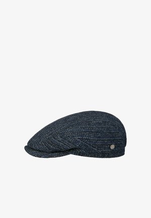 Dunkelblaues und graues Tweed-Flachkappe mit dezentem Chevron-Muster und kleinem metallischem Markenemblem an der Seite.