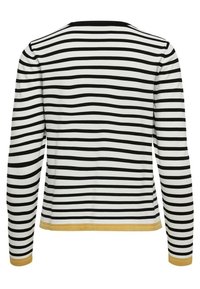 Långärmad topp med svart och vit randig mönster och gul nederkant, tillverkad av ett mjukt och stretchy tyg.