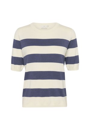 Suéter de manga corta a rayas crema y marino. Tejido de punto con cuello redondo y puños acanalados. Ajuste casual y textura suave.