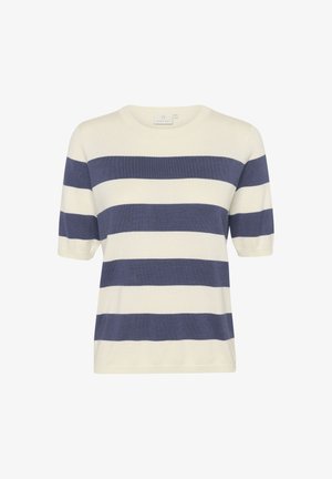 Short-sleeve, cream and navy striped sweater. Knit fabric with a crew neck and ribbed cuffs. Casual fit and smooth texture.