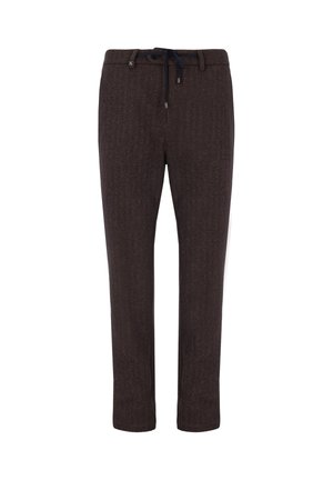 Pantaloni a zigzag marroni con vita regolabile, tasche laterali e design a gamba affusolata. Realizzati in tessuto testurizzato per il massimo comfort.