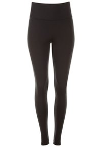Schwarze Leggings aus dehnbarem Material mit hohem Bund, die eine glatte Textur und eine taillierte Form aufweisen. Keine sichtbaren Muster oder Akzente.