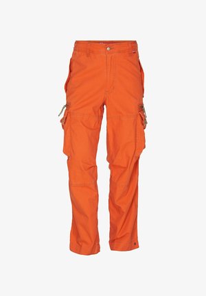 Kannotinortrousers va bright orange, valmistettu pehmeästä kankaasta, jossa on useita sivutaskuja ja rento istuvuus näkyvillä sauman yksityiskohdilla.