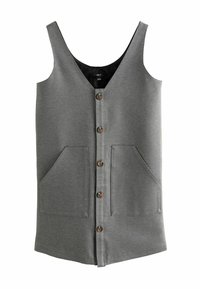 Vestido gris sin mangas con escote en V, cuenta con botones en la parte delantera y dos bolsillos laterales. Hecho de una tela suave y texturizada.