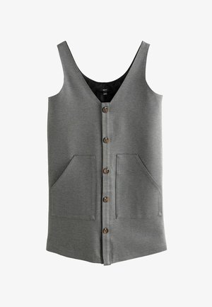 Graues ärmelloses Kleid mit V-Ausschnitt, mit Knopfverschluss vorne und zwei Seitentaschen. Aus einem glatten, strukturierten Stoff gefertigt.