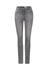 Jeans in denim grigio con vestibilità slim, dotati di tasche anteriori, passanti per cintura e chiusura a bottone. Texture liscia con dettagli scoloriti.