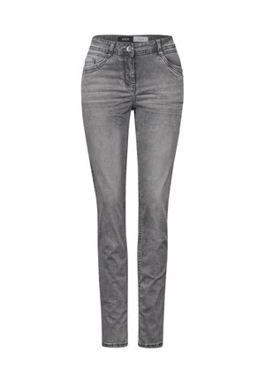 Grijze denim jeans met een slim fit, voorzien van voorzakken, riemlussen en een knoopsluiting. Effen textuur met vervaagde details.