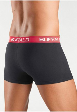 Black boxer shorts with a red waistband featuring the word "BUFFALO" in white text, showcasing a smooth texture and fitted design.
