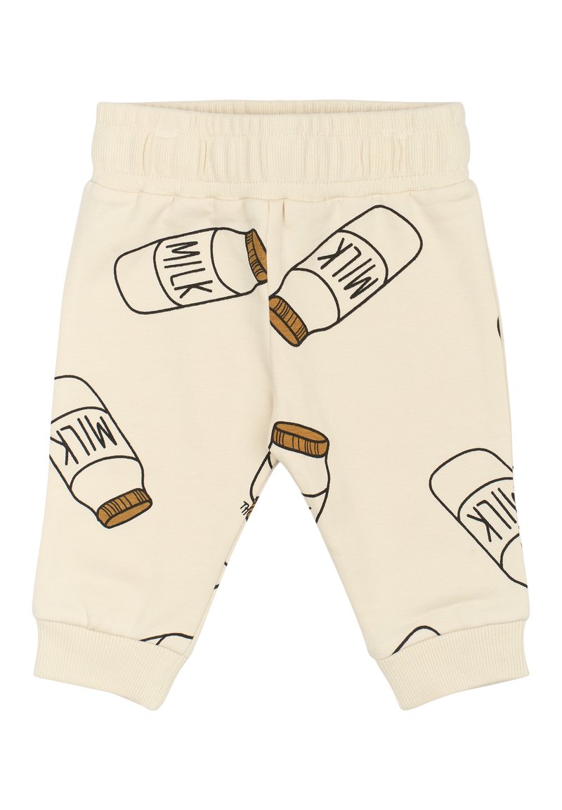 Hellbeige Kinderhose mit elastischem Bund, mit einem Muster von Milchkartons, die in Schwarz umrandet sind und braune Deckel haben.