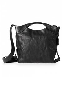 Sac en cuir noir avec une surface texturée, doté d'une poignée courte et d'une longue sangle ajustable. Design simple, sans matériel visible.