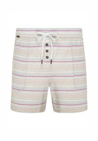 Randiga shorts med dragsko i midjan, tillverkade av ett mjukt material. Har knappar och en blandning av pastellfärger inklusive rosa, blå och beige.