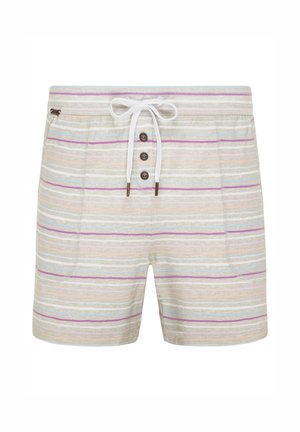 Stribede shorts med snor i taljen, lavet af et blødt stof. Features knapper og en blanding af pastelfarver herunder pink, blå og beige.