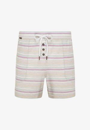 Stribede shorts med snor i taljen, lavet af et blødt stof. Features knapper og en blanding af pastelfarver herunder pink, blå og beige.