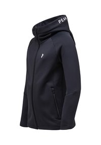 Svart zip-up hoodie med hög krage, tillverkad av mjukt tyg. Har en vit logotyp på huvan och sidofickor med dragkedja.