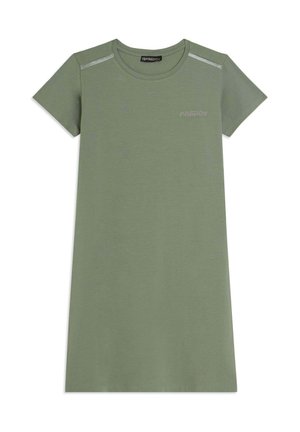 Vestito casual verde oliva a maniche corte con scollo rotondo, sottili strisce sulle spalle e logo "FREDDY" sul petto.