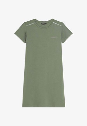 Vestido informal de manga corta en verde oliva con escote redondo, rayas sutiles en los hombros y logotipo "FREDDY" en el pecho.