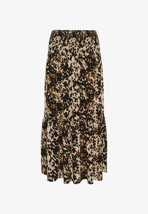 Falda de capas con un estampado de leopardo en tonos de negro, beige y marrón; cinturilla elástica; tejido ligero; diseño informal.