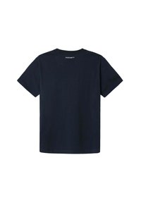 Navy Baumwoll-T-Shirt mit kurzen Ärmeln und Rundhalsausschnitt. Verfügt über weißen "HACKETT"-Text im oberen Rückenbereich. Glatte Textur, klassischer Schnitt.