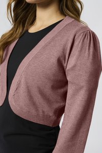 Light pink cropped cardigan with puffed sleeves, ribbed edges, and a deep V-neck design, layered over a black top. Soft knit texture.