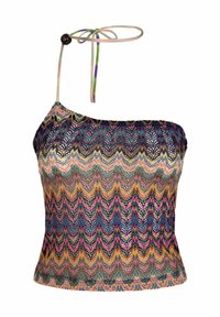 Top multicolore a spalla unica con un motivo a zigzag in tonalità vivaci. Realizzato in tessuto testurizzato con una tracolla annodata e una perla decorativa.