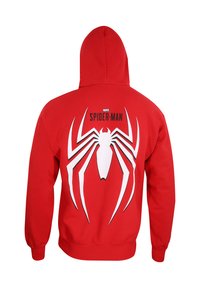 Red hoodie featuring a large white spider graphic on the back, with black accents and "SPIDER-MAN" text above the design. Cotton material.