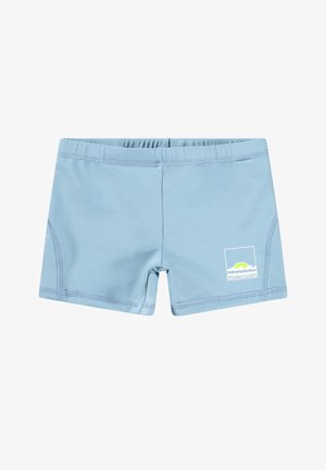 Svijetloplavi kupaći šorts napravljeni od rastezljivog materijala, s logotipom i bijelim šavovima. Dizajnirani s elastičnom gumicom u struku i sportskim krojem.
